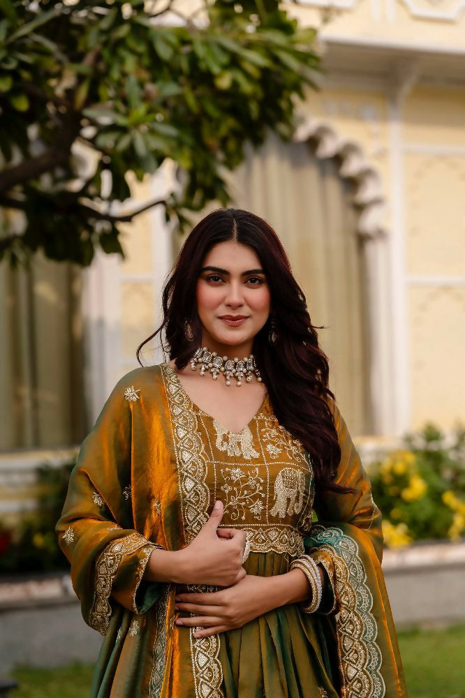 Teeya Creation Mehendi Primium Fendy Satin Silk Embroidery Work Wedding Wear Gown
