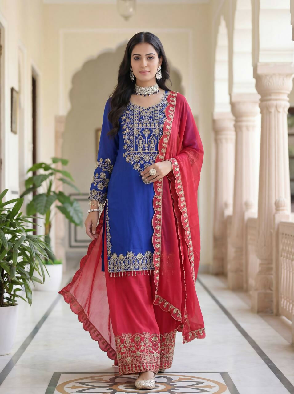Teeya Creation Blue Chinon Silk Designer Wedding Wear Embroidery Work Palazzo