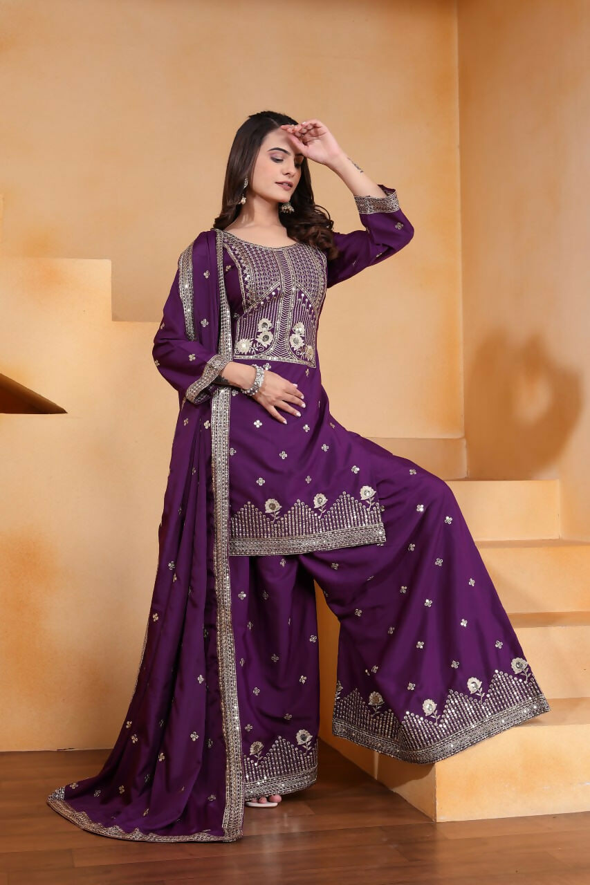Joban Fashion Wine Crepe Embroidered Sharara Set