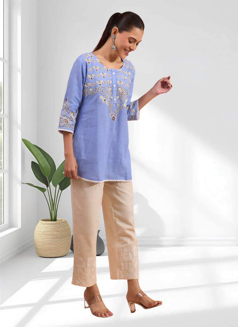 Joban Fashion Sky Blue Cotton, Linen Embroidered Readymade Tunic