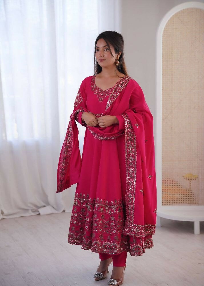 Teeya Creation Pink Roman Silk Embroidery Work Party Wear long Gown