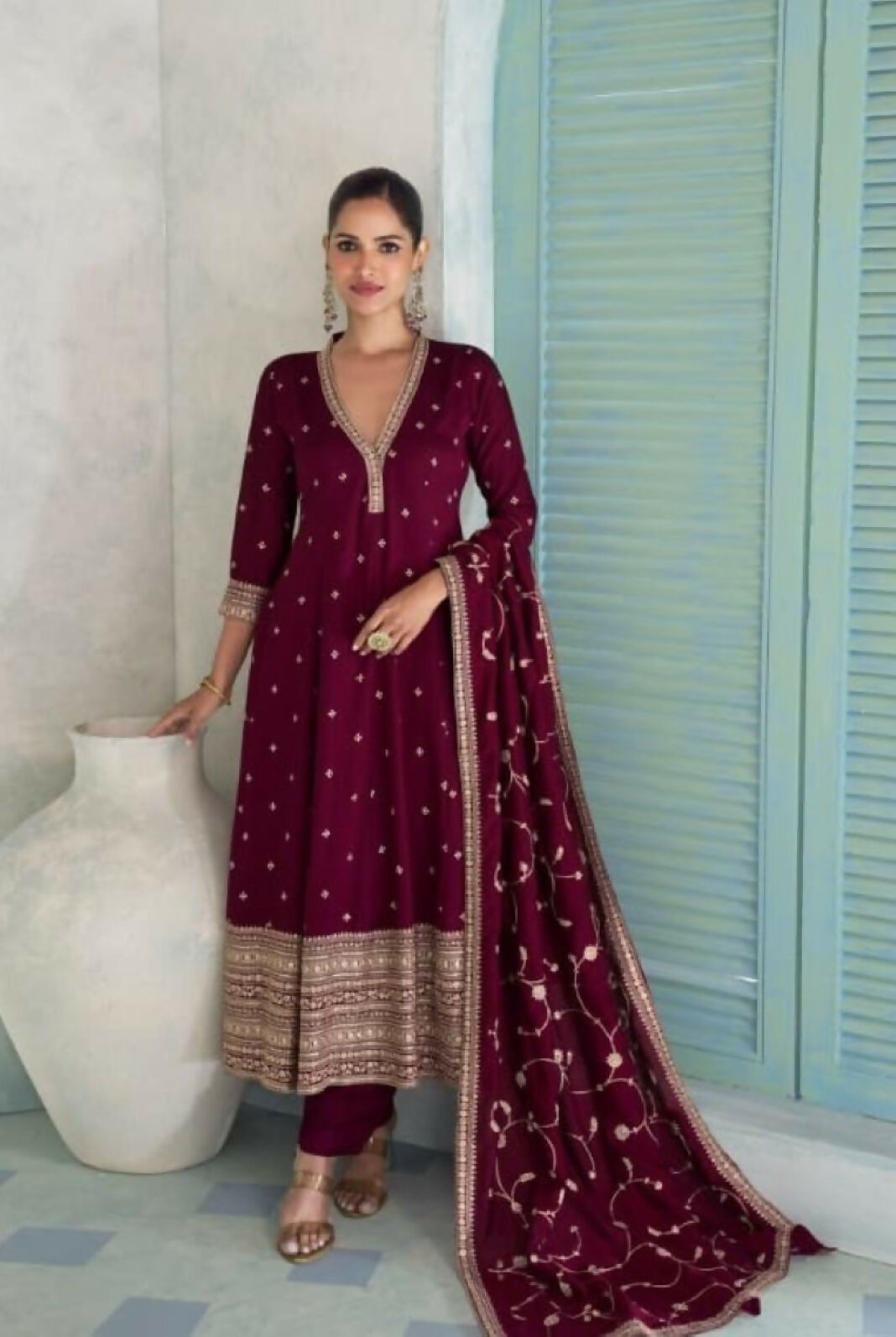 Anaita Maroon Chinon Anarkali Suit with Embroidery Sequins Work