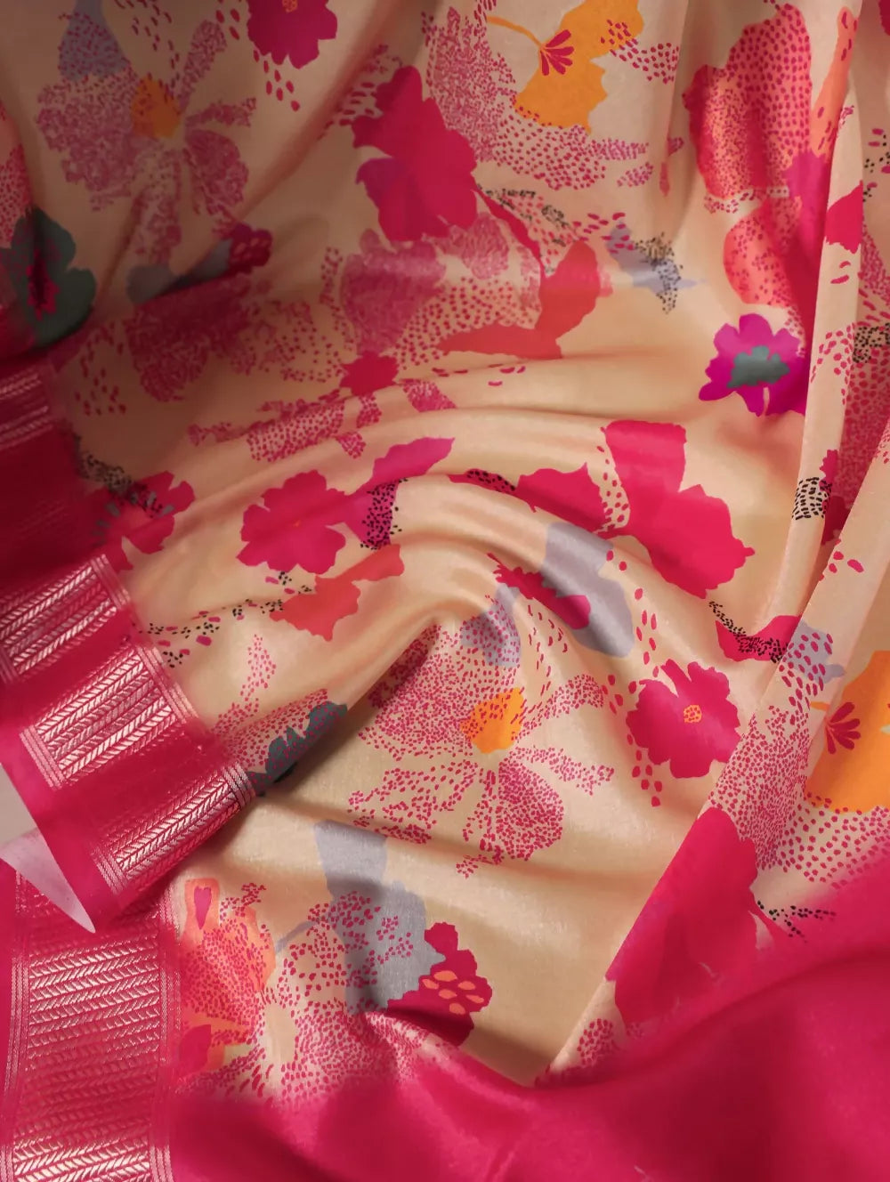 Vastranavya Cream Tussar Silk Printed with Viscose Border Saree with Unstitched Blouse