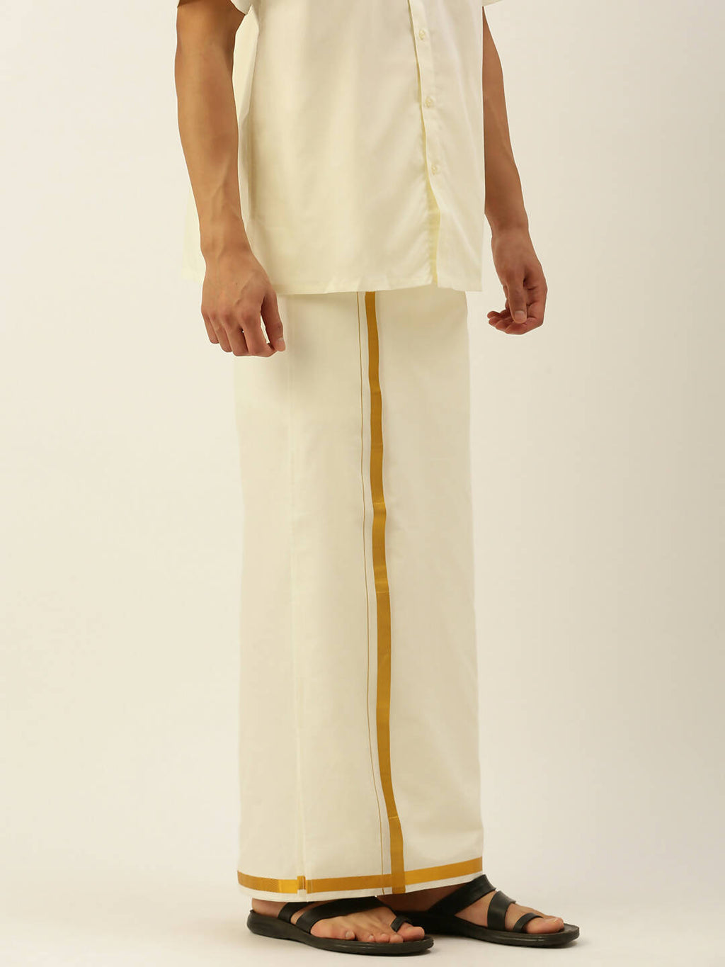 Ramraj Cotton Mens Poly Cotton 3/4 " Gold Jari Dhoti - Cream