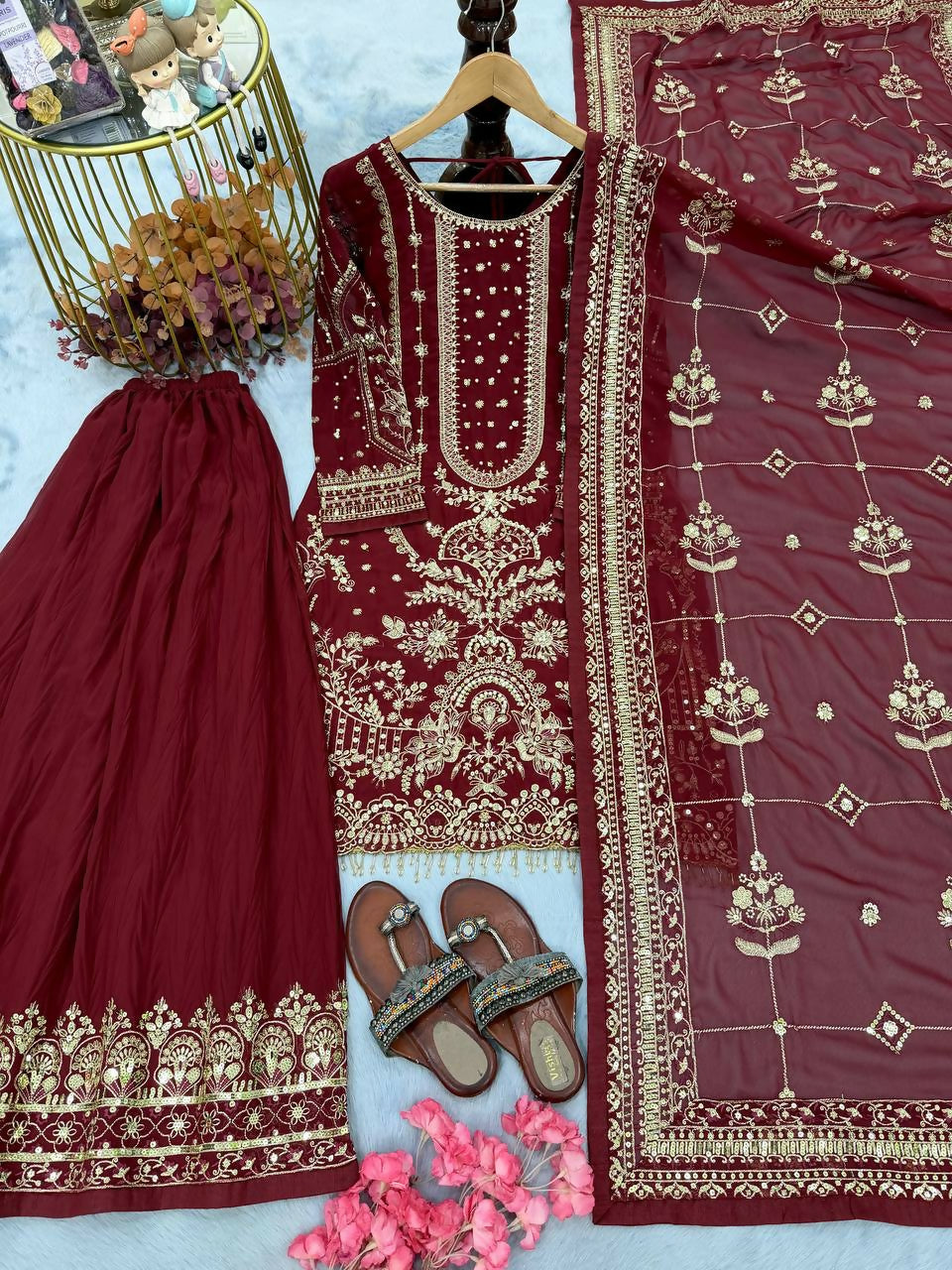 Teeya Creation Maroon Faux georgette Designer heavy work Wedding Wear Palazzo pair