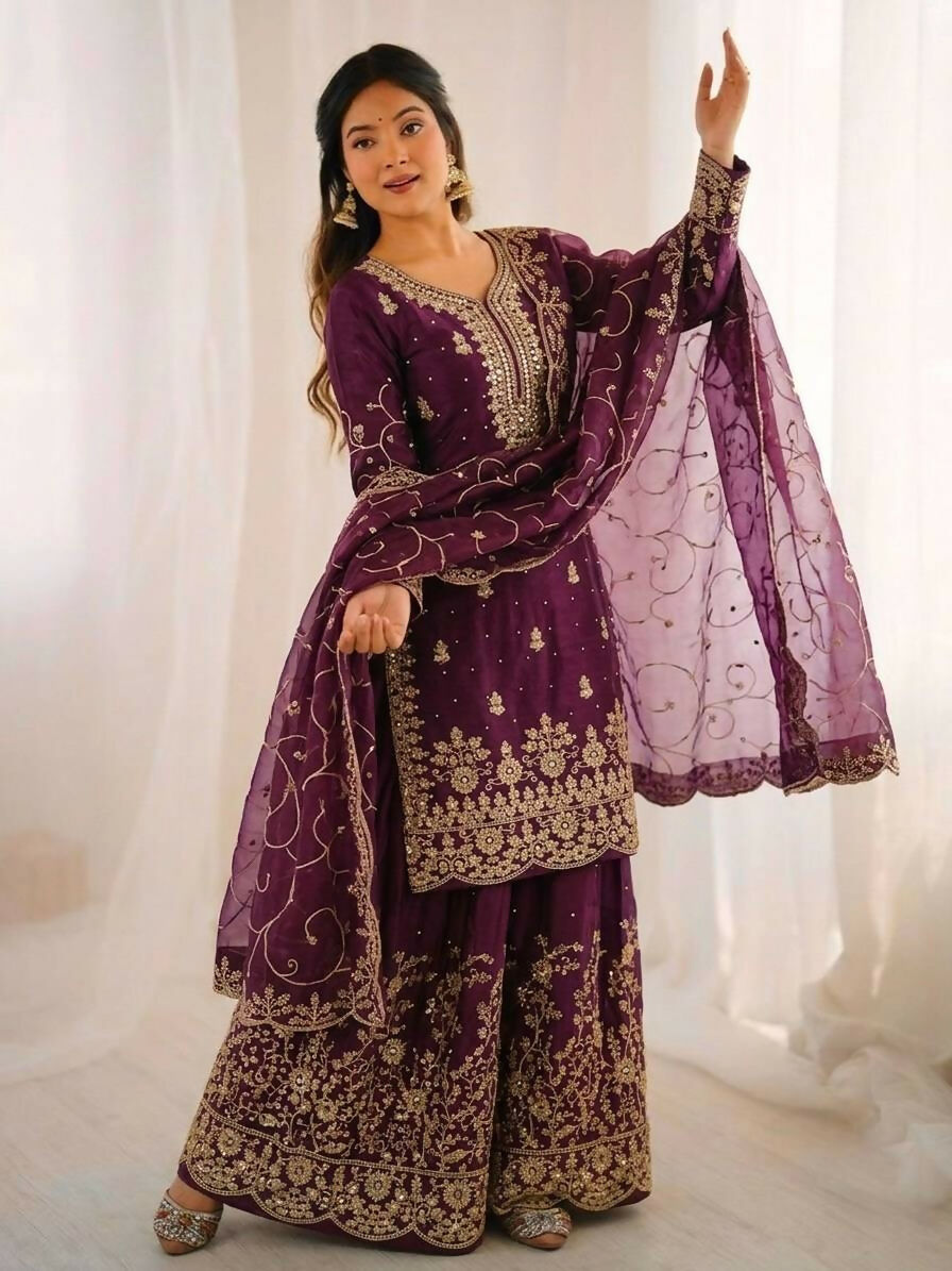 Teeya Creation Wine Color Gymmi Silk Embroidery Work Wedding Wear Sharara Set