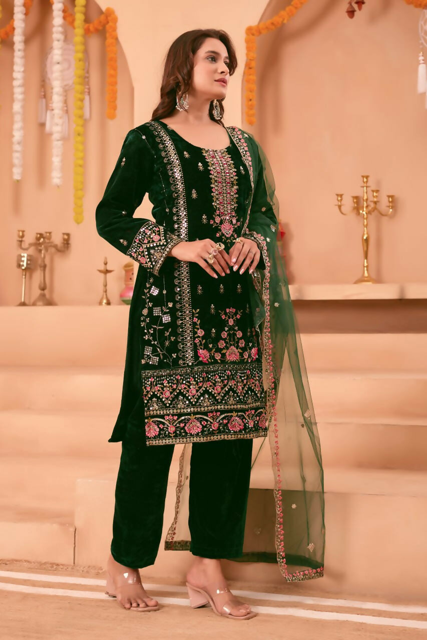 Joban Fashion Green Kurta Set Velvet Embroidery Sequence Work