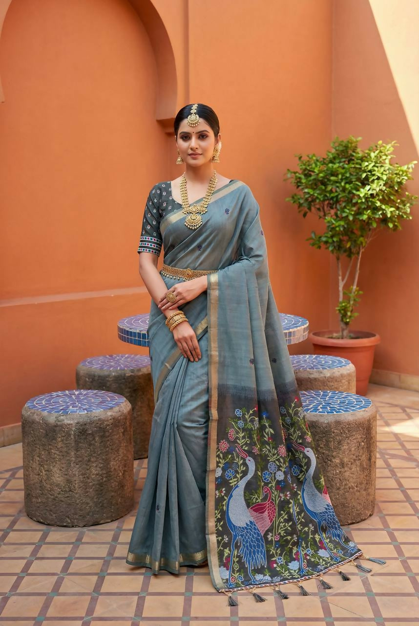 Vastranavya Grey Muga Cotton Meenakari & Azarakh Pallu Saree with Contrast Blouse