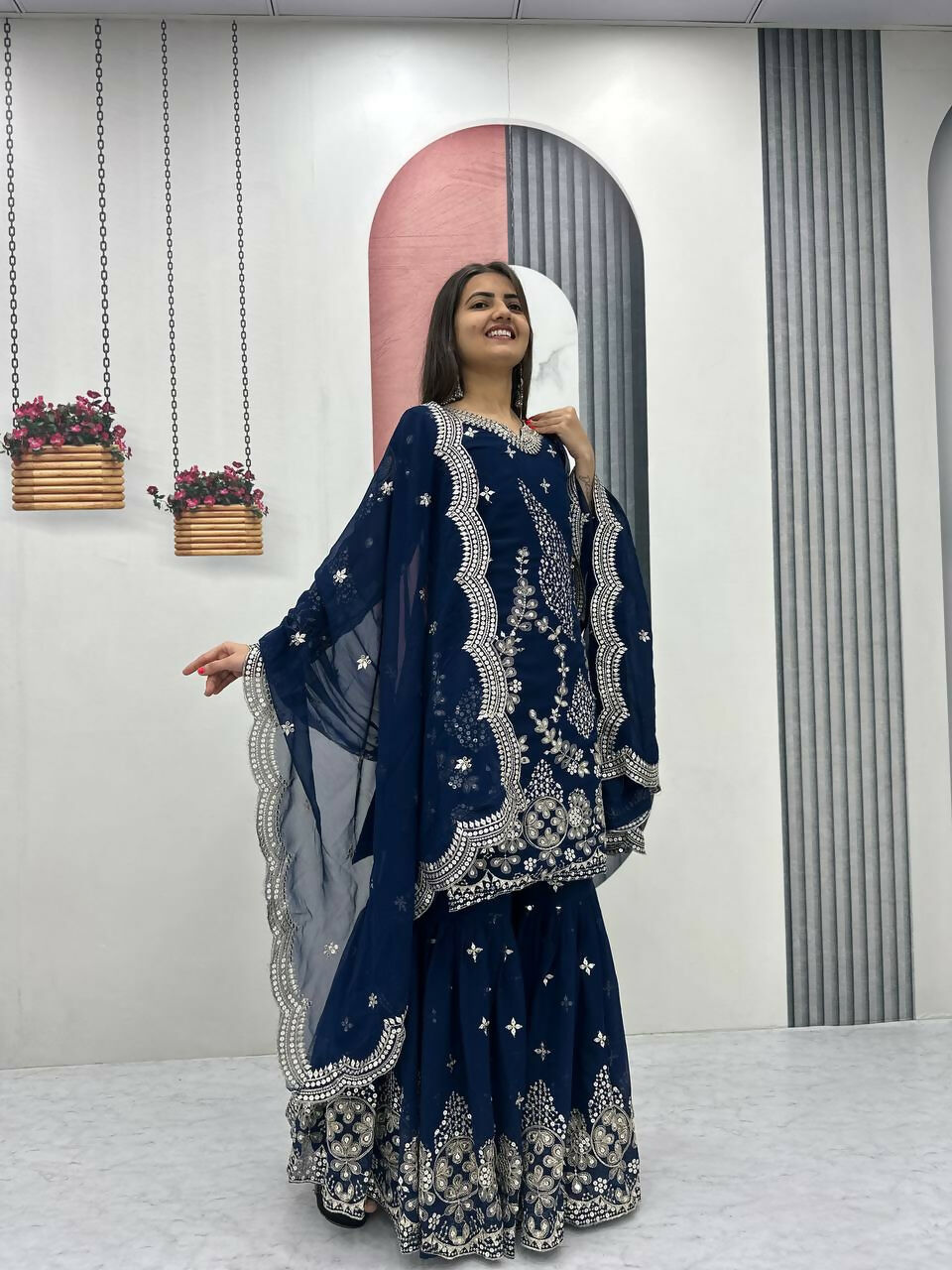 Teeya Creation Womens New Heavy Fox Georgette Fabric With Heavy Embroidery Work Dark-Navy-Blue Kurta Set