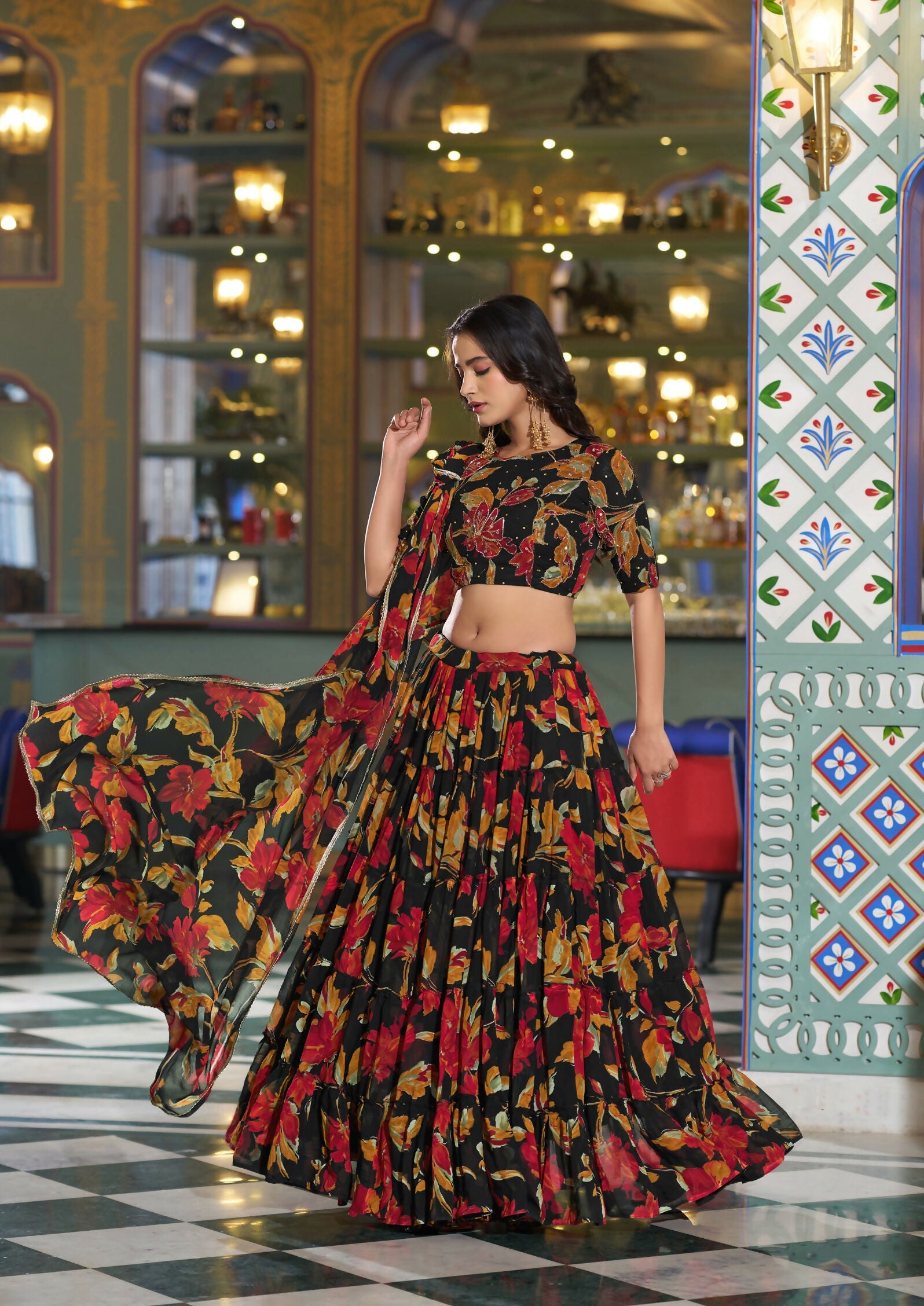 Lorenvalley Fashion Black Tasar Silk Printed And Iconic Sparkle with Lace Border Lehenga Choli with Dupatta