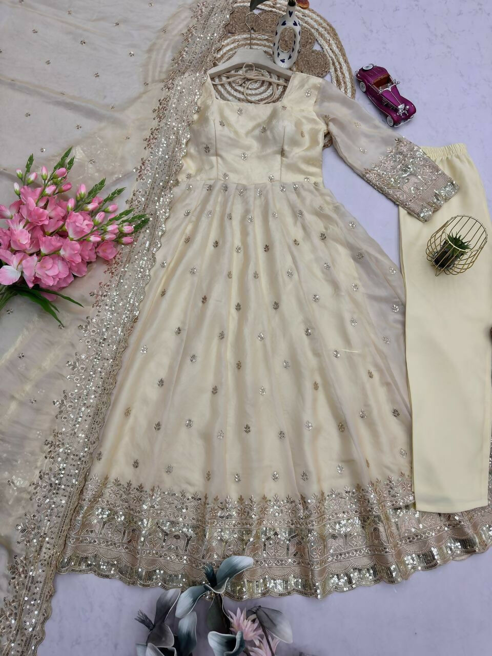 Teeya Creation White Fendy Silk Designer Heavy Work Wedding Wear Long Gown