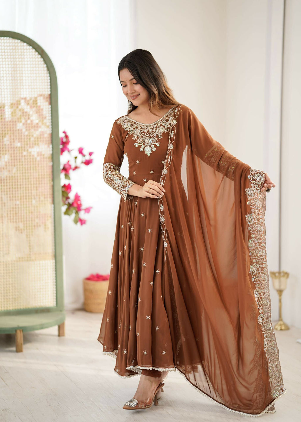 Teeya Creation Browm Color Faux georgette Embroidery Work Wedding Wear Gown