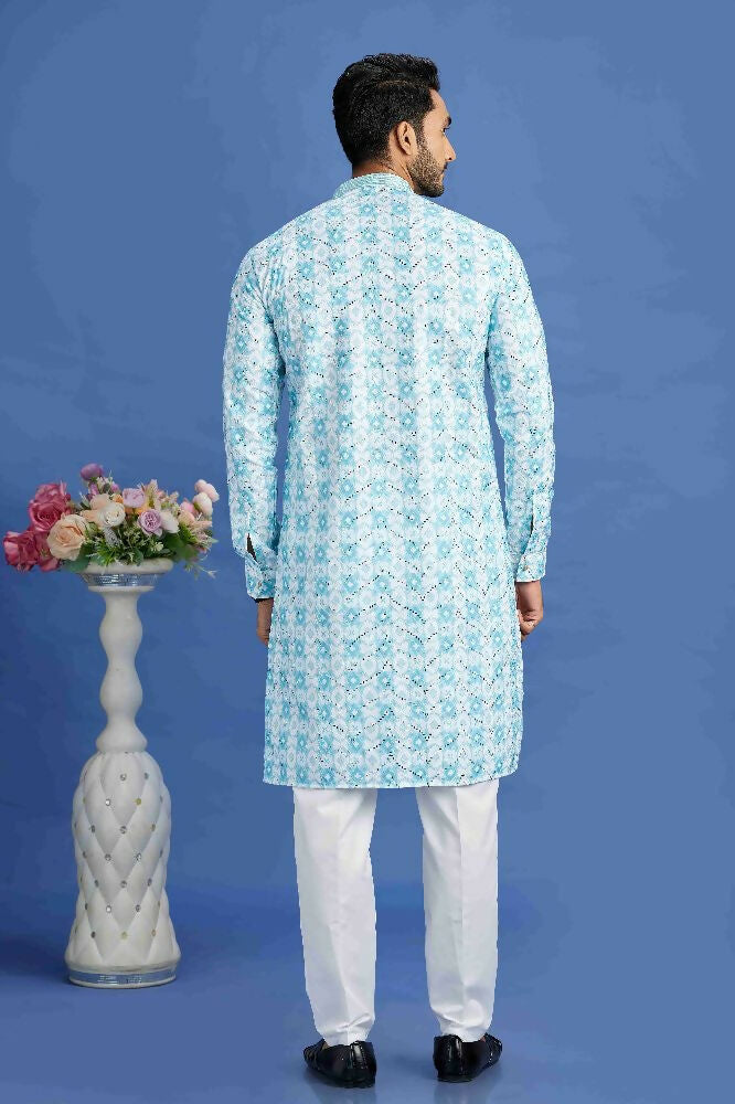 Raivat Ethnic Cotton Embroidery Kurta Pajama In Sky Blue Colour