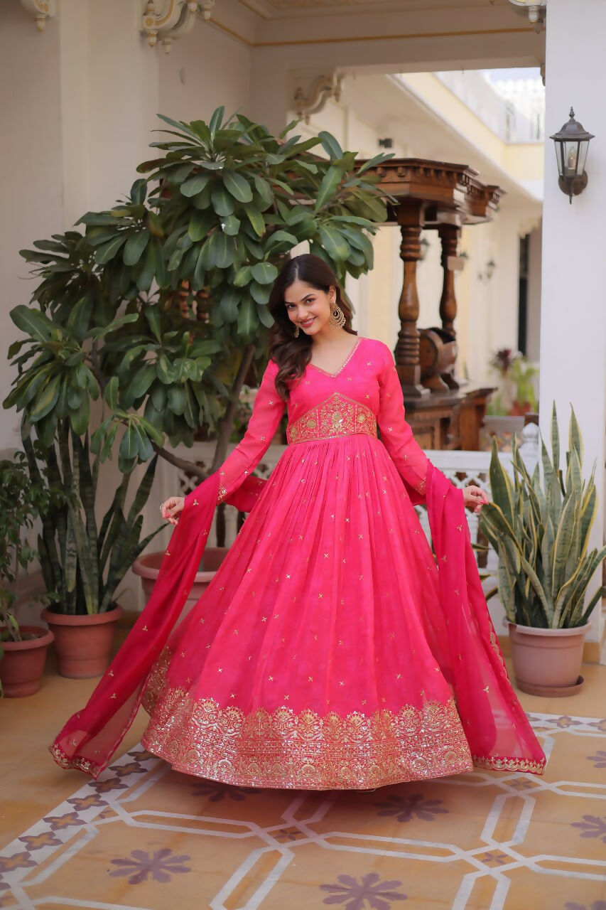 Teeya Creation Womens New Trending Digital Printed Russian Silk With Embroidery Zari Sequins-Work Gown Set