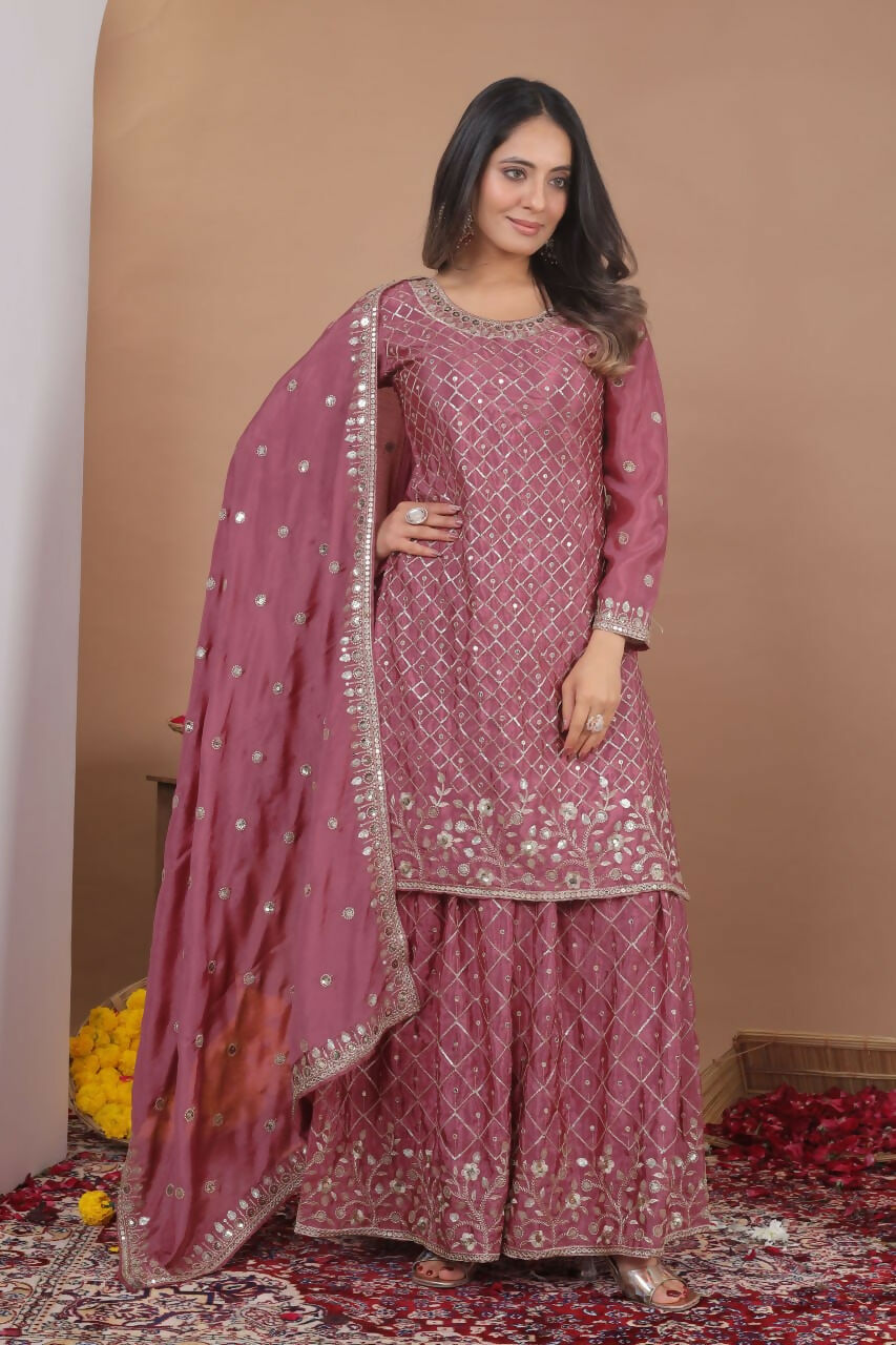 Teeya Creation Dark Onion Color Chinon Silk Wedding Wear Trending Palazzo Set
