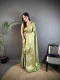 Joban Fashion Sage Green Floral Motifs & Ethnic Design Soft Satin Silk Kanchipuram Saree