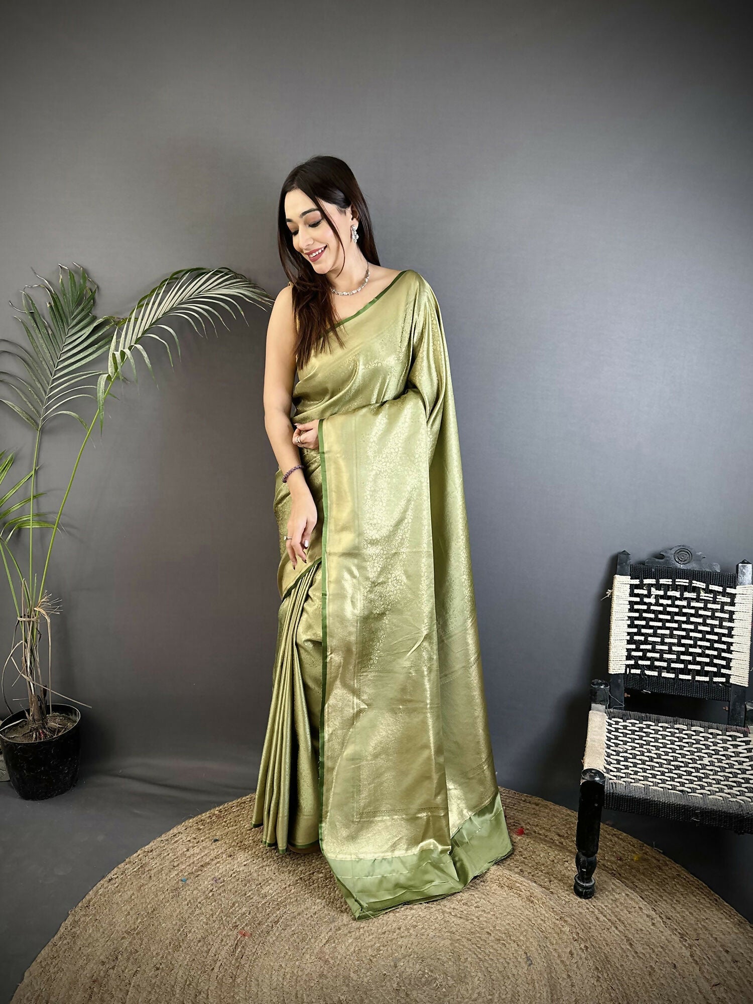 Joban Fashion Sage Green Floral Motifs & Ethnic Design Soft Satin Silk Kanchipuram Saree