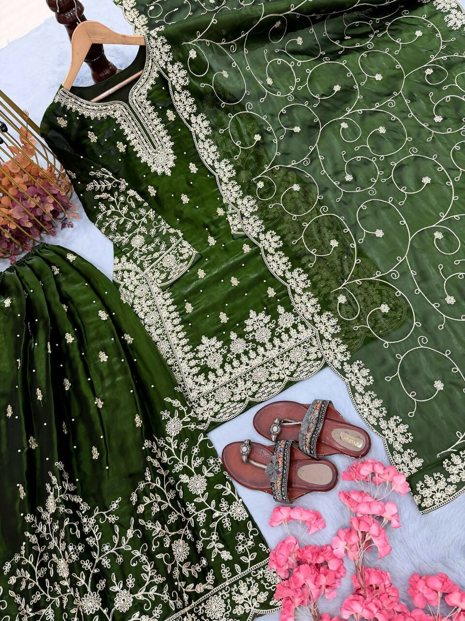 Teeya Creation Green Pure Silk Gimmy Silk Heavy Embroidery Work Wedding Wear Palazzo Pair
