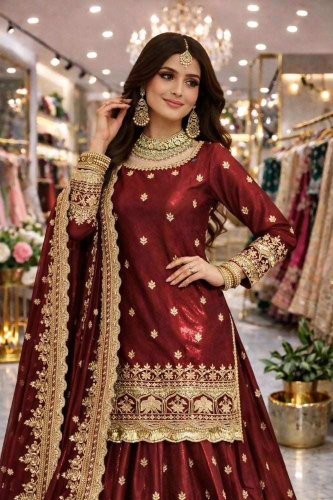Teeya Creation Maroon Color Fendy Satin Heavy Embroidery Work Wedding Wear Stitched Lehenga Choli