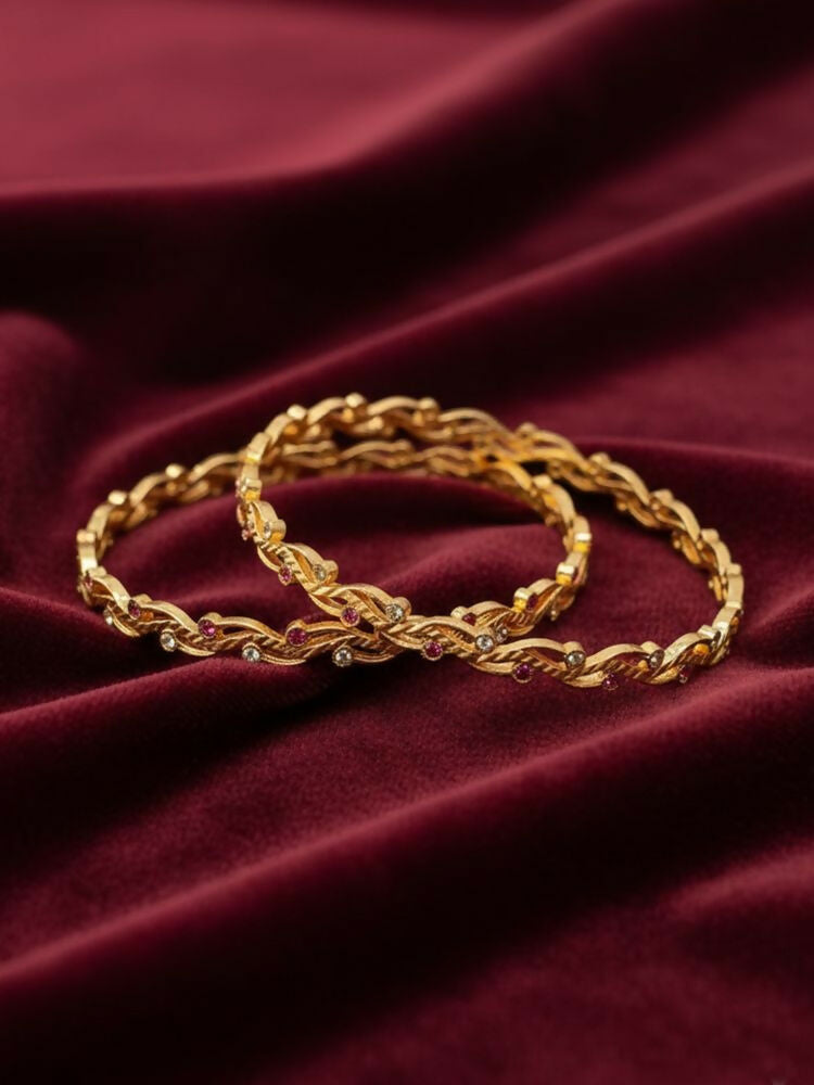 NVR Women Set of 2 Gold Plated CZ Stone Bangle