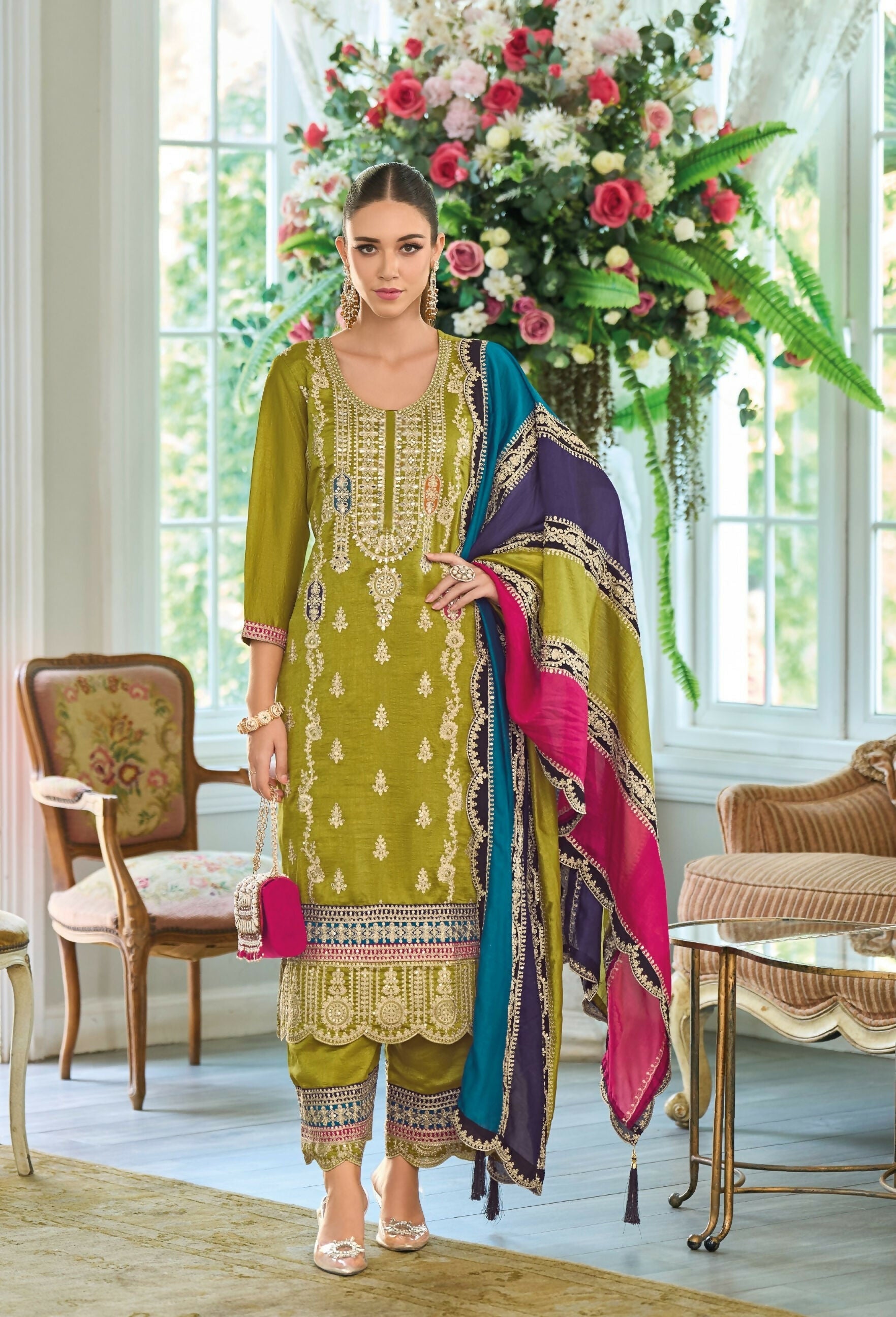 Anaita Green Premium Embroidered Chinon Stitched Salwar Suit