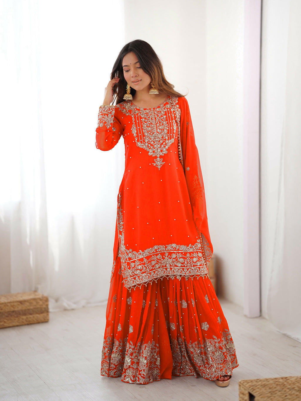Lehenga Mart Designer Sharara Suit With Kurta, Sharara, Dupatta For Women-Orange