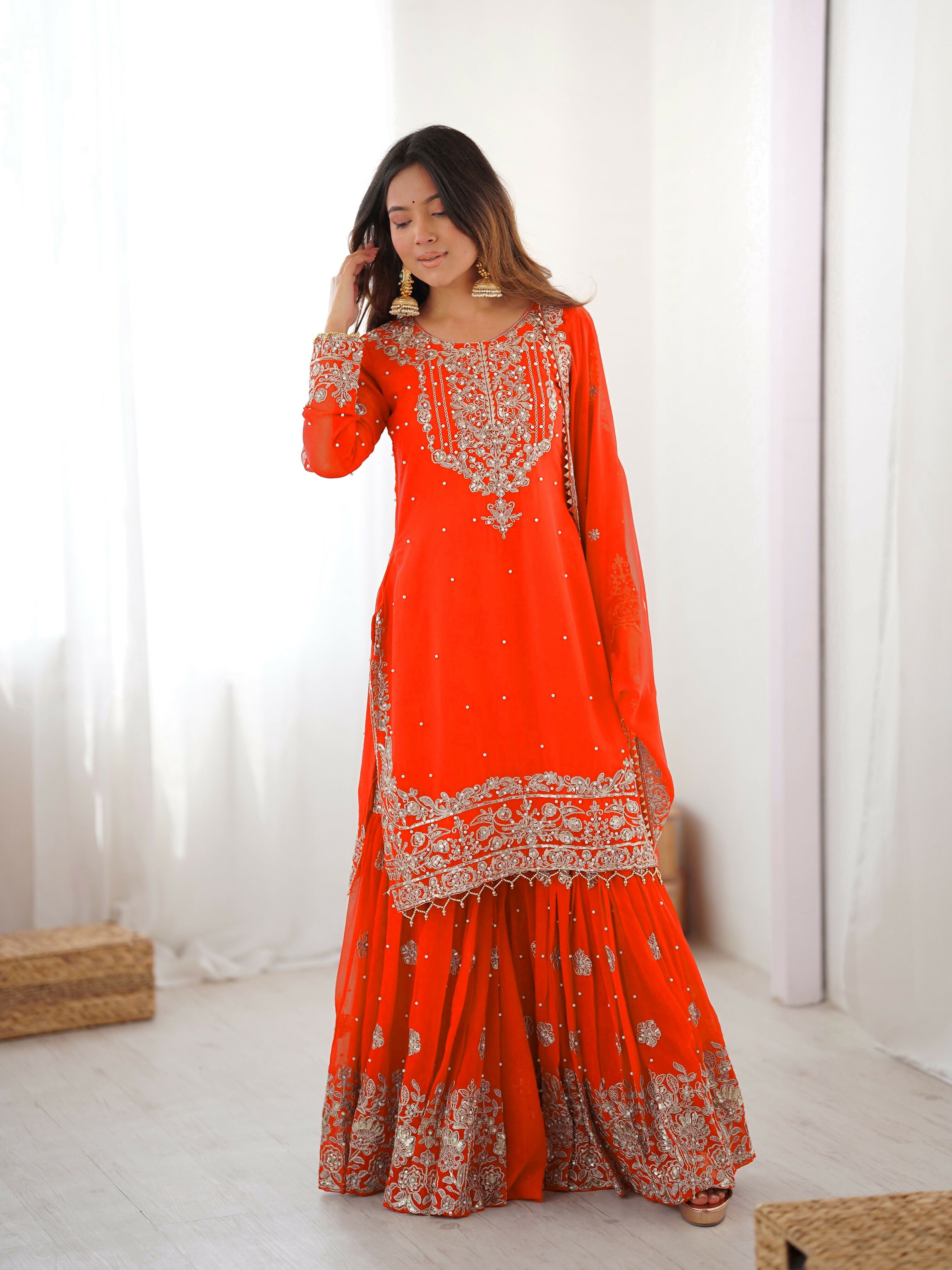 Lehenga Mart Designer Sharara Suit With Kurta, Sharara, Dupatta For Women-Orange