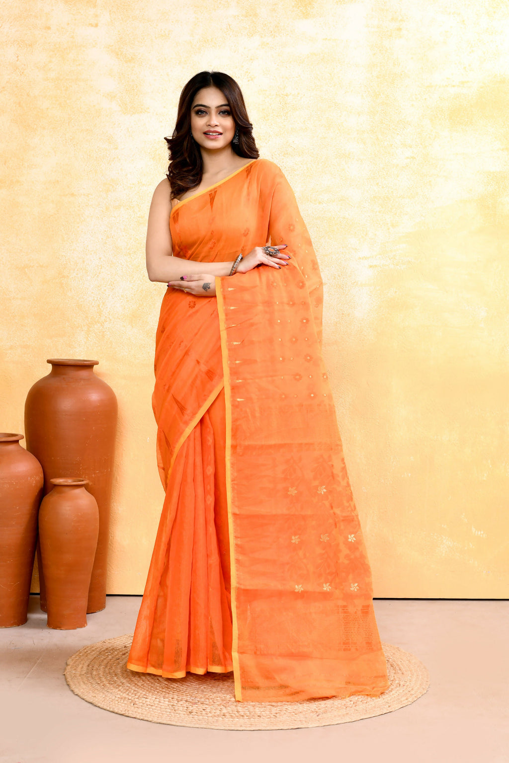Piyari Fashion Women's Orange Embellished Cotton Blend Jamdani Saree