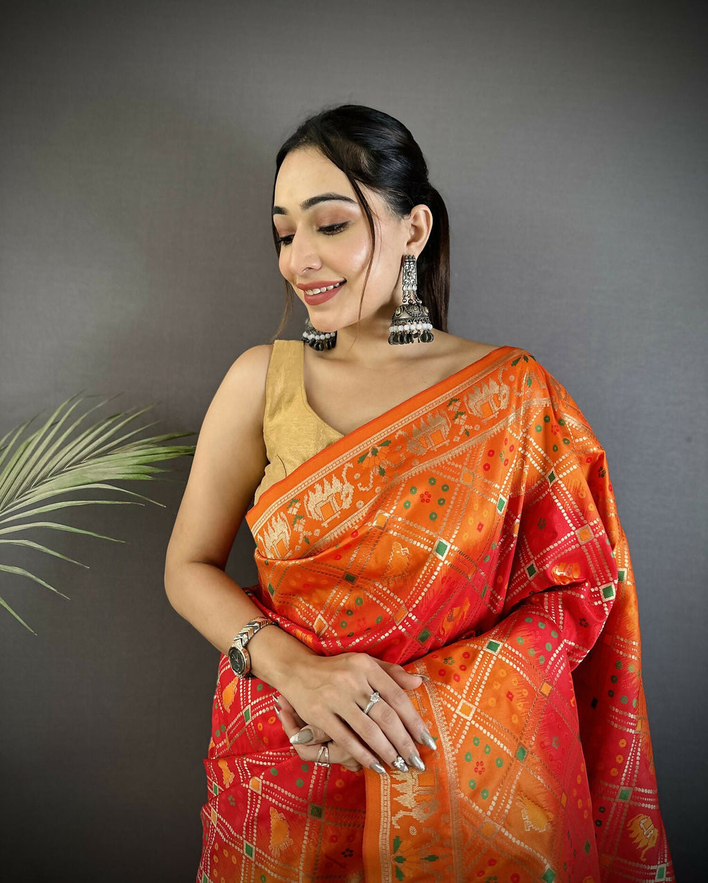 Joban Fashion Orange Geometric Pattern Soft Silk Patola Saree