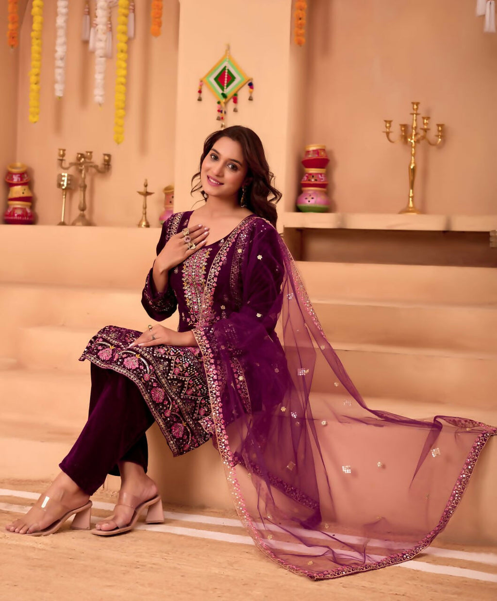 Joban Fashion Purple Kurta Set Velvet Embroidery Sequence Work