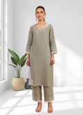 Joban Fashion Gray Linen Embroidered Readymade Long Kurta With Pant