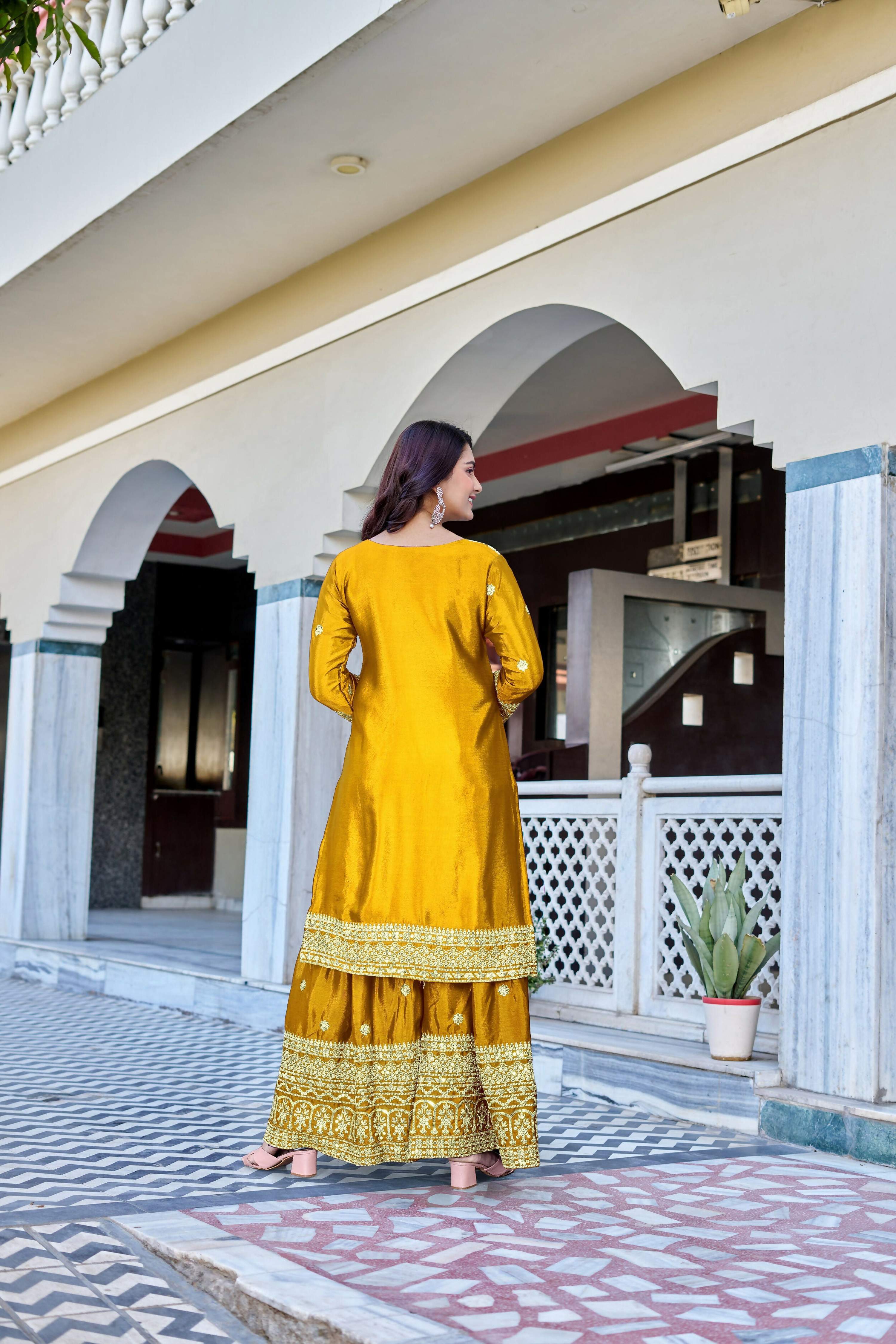 Teeya Creation Yellow Color Chinon Silk Heavy Embroidery Work Wedding Wear Sharara
