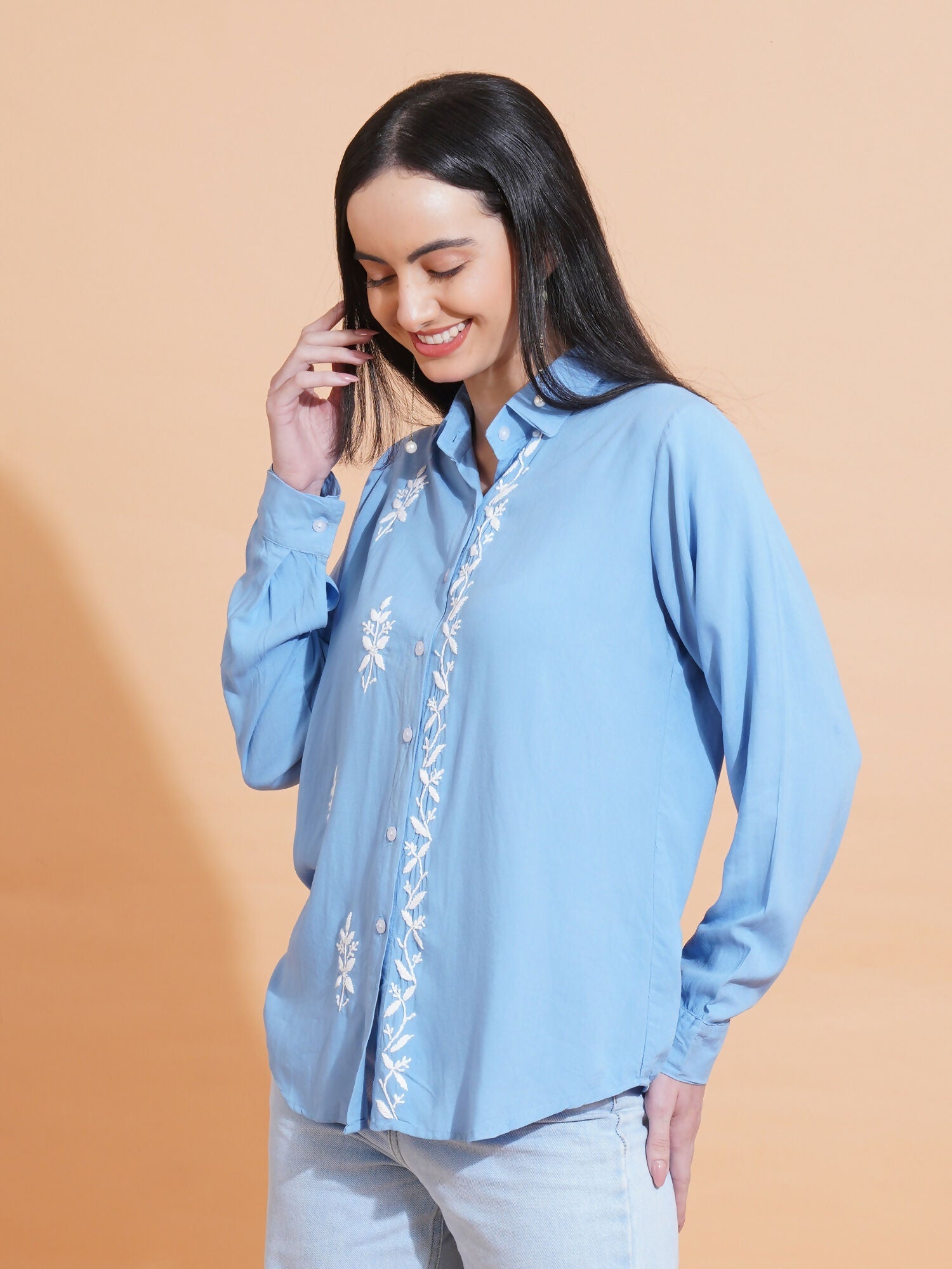 Pahnaz Modal Chikankari Handwork Shirt-Blue