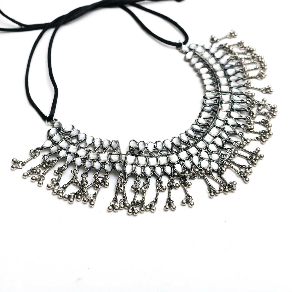 Mominos Fashion Johar Kamal Oxidised Silver-Plated Brass Finish Kundan Necklace For Women (Silver)