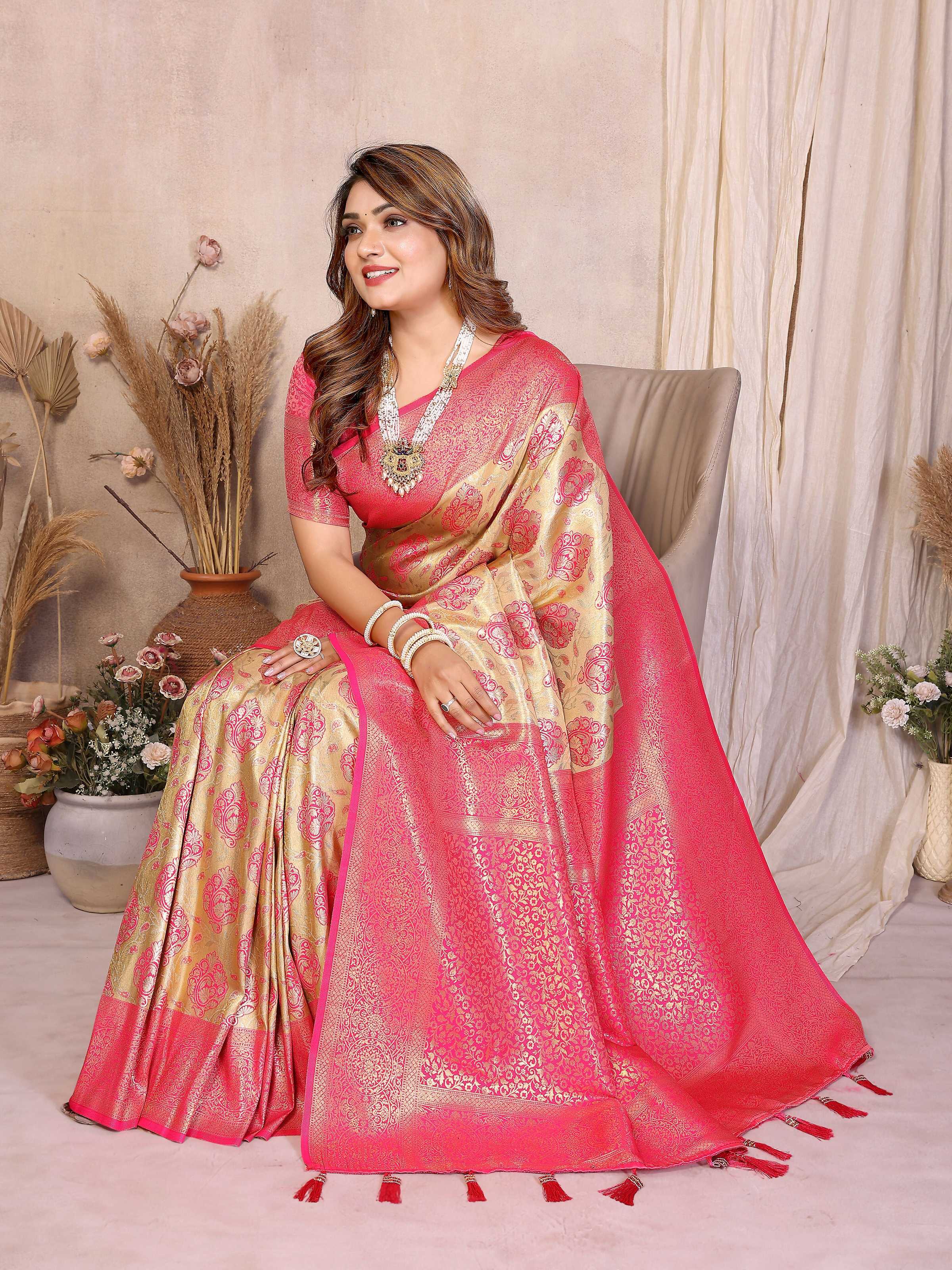Aastha Fashion Yellow Banarasi Tissue Silk Weaving Saree