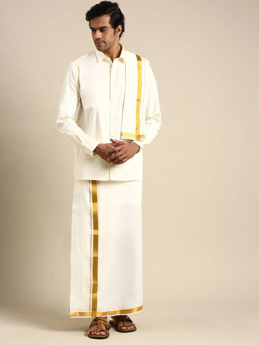 Ramraj Cotton Wedding Cream Zari Dhoti with shirt Bit & Towel Set Subamangalam 50k