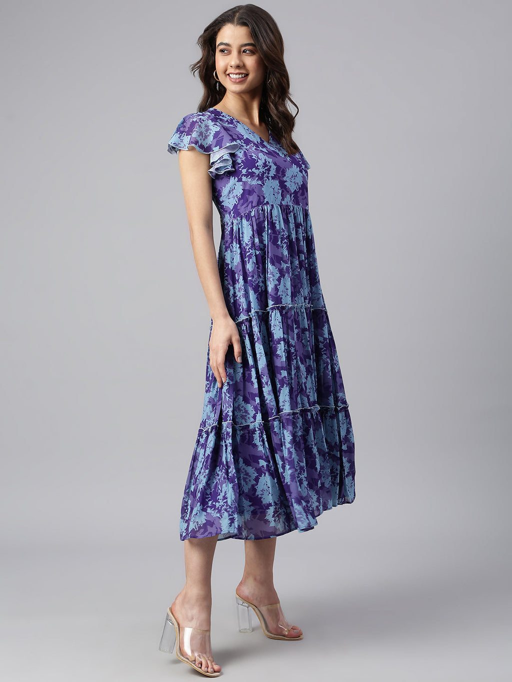 Janasya Women's Blue Georgette Printed Flared Western Dress