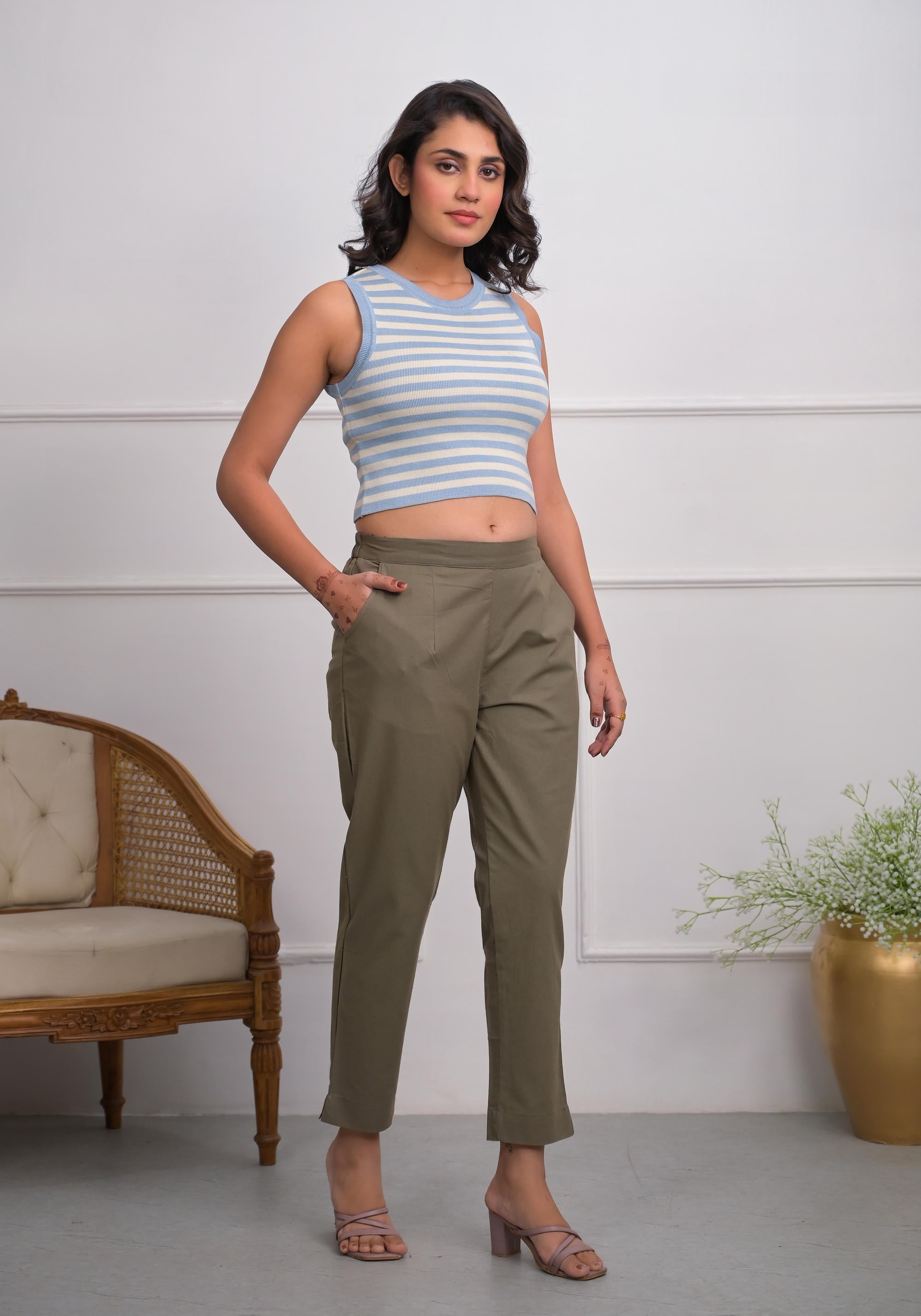 Juniper Charcoal Solid Cotton Pants With Partially Elasticated Waistband And Two Side Pockets