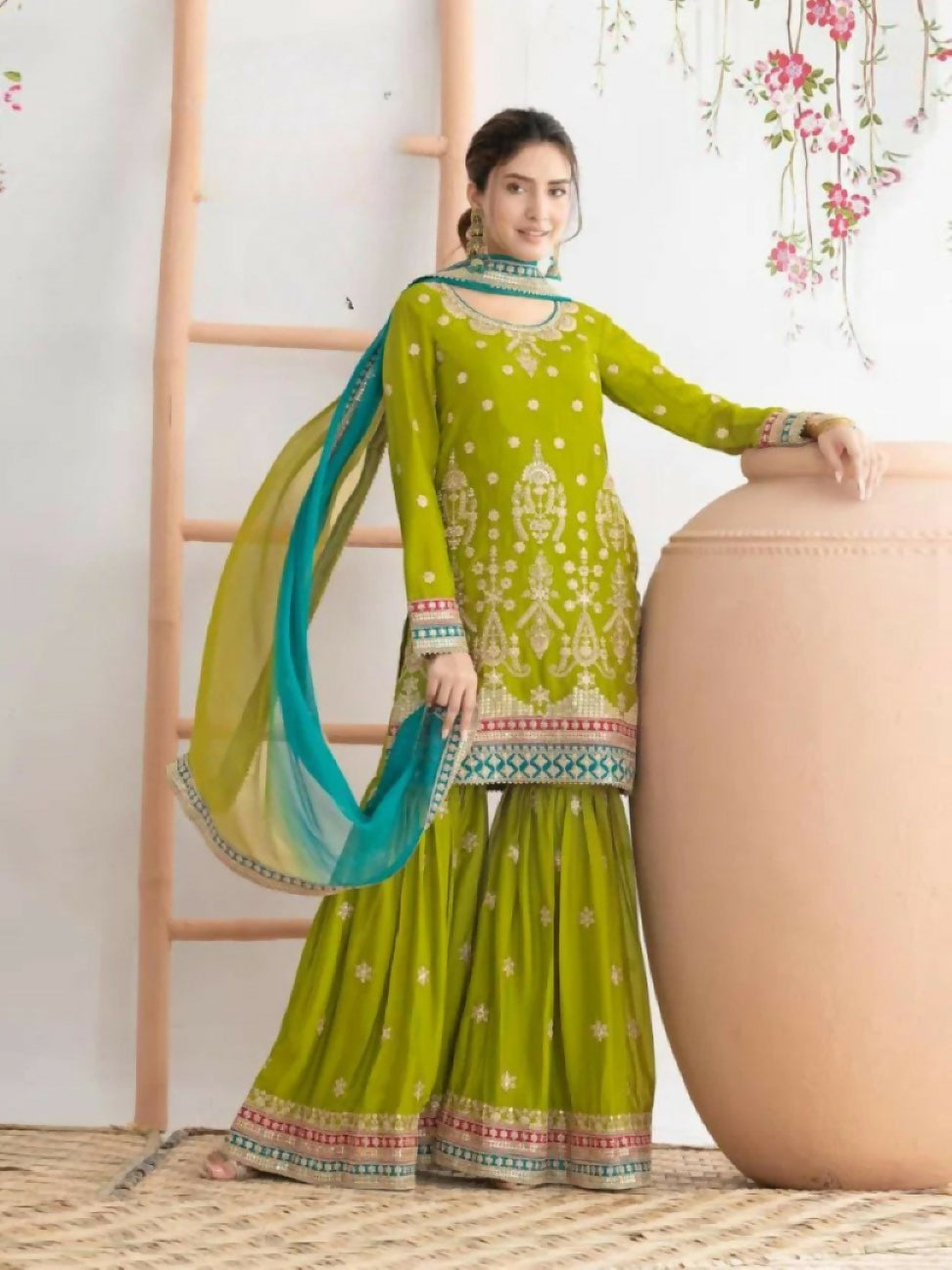 Anaita Green Chinon Suit With Embroidered Sequins & Mirror Work