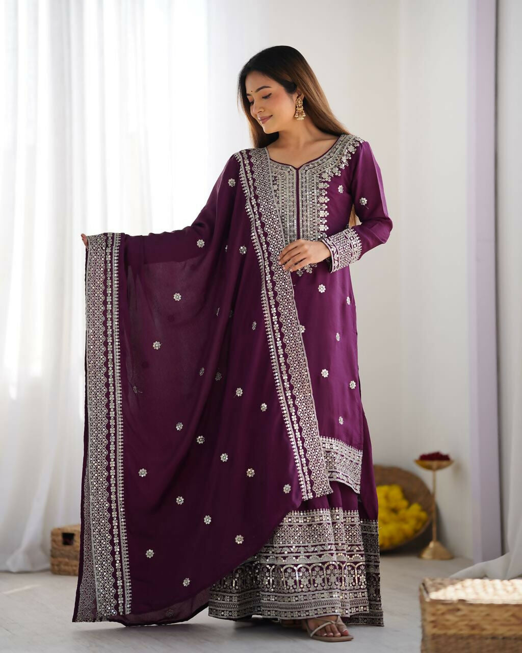 Joban Fashion Wine Kurta Set Silk Sequins , Zari, Coding & Thread Embroidered work