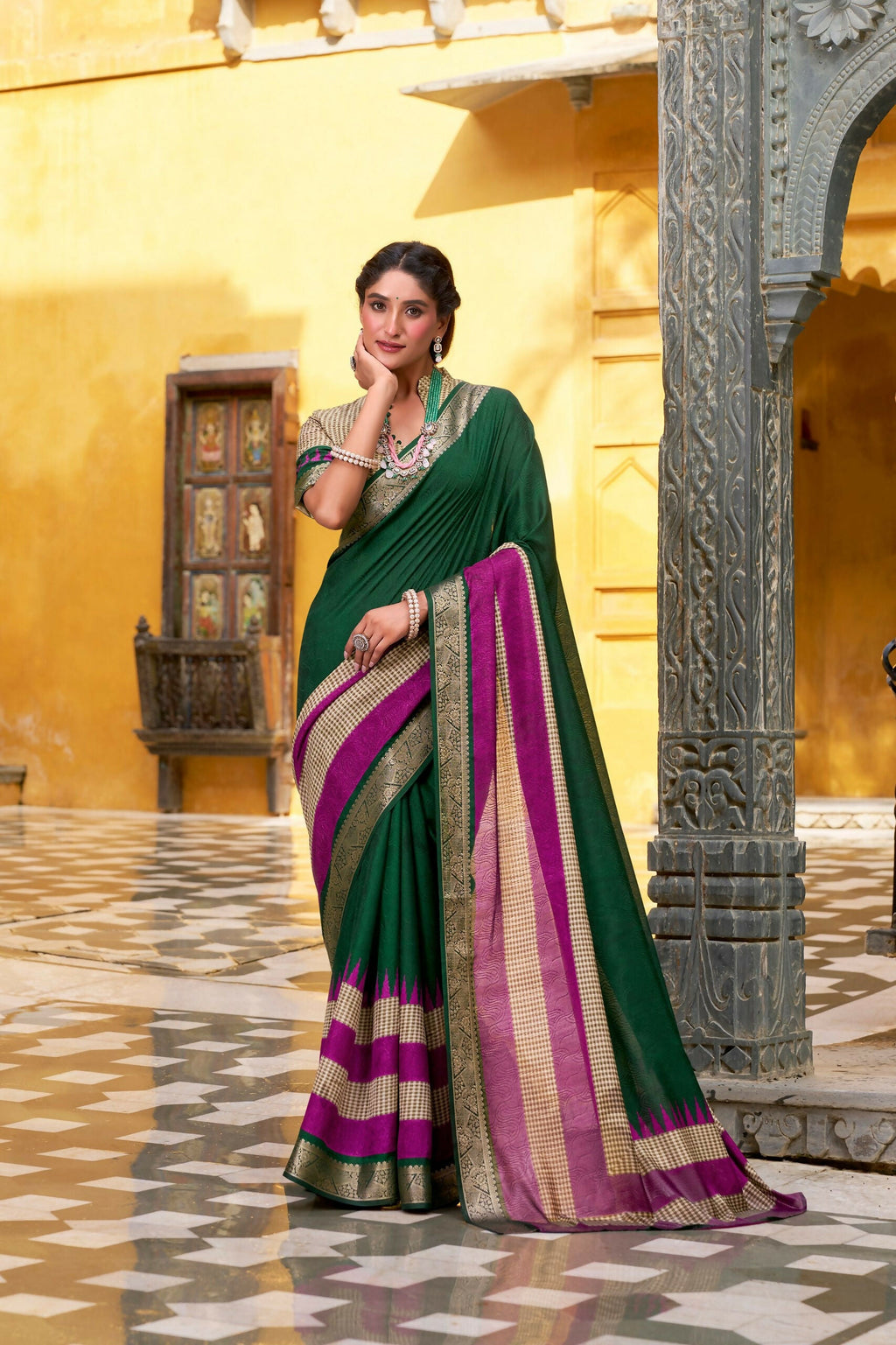 Vastranavya Green Printed with Zari Weaving Work Poly Cotton Saree & Unstitched Blouse