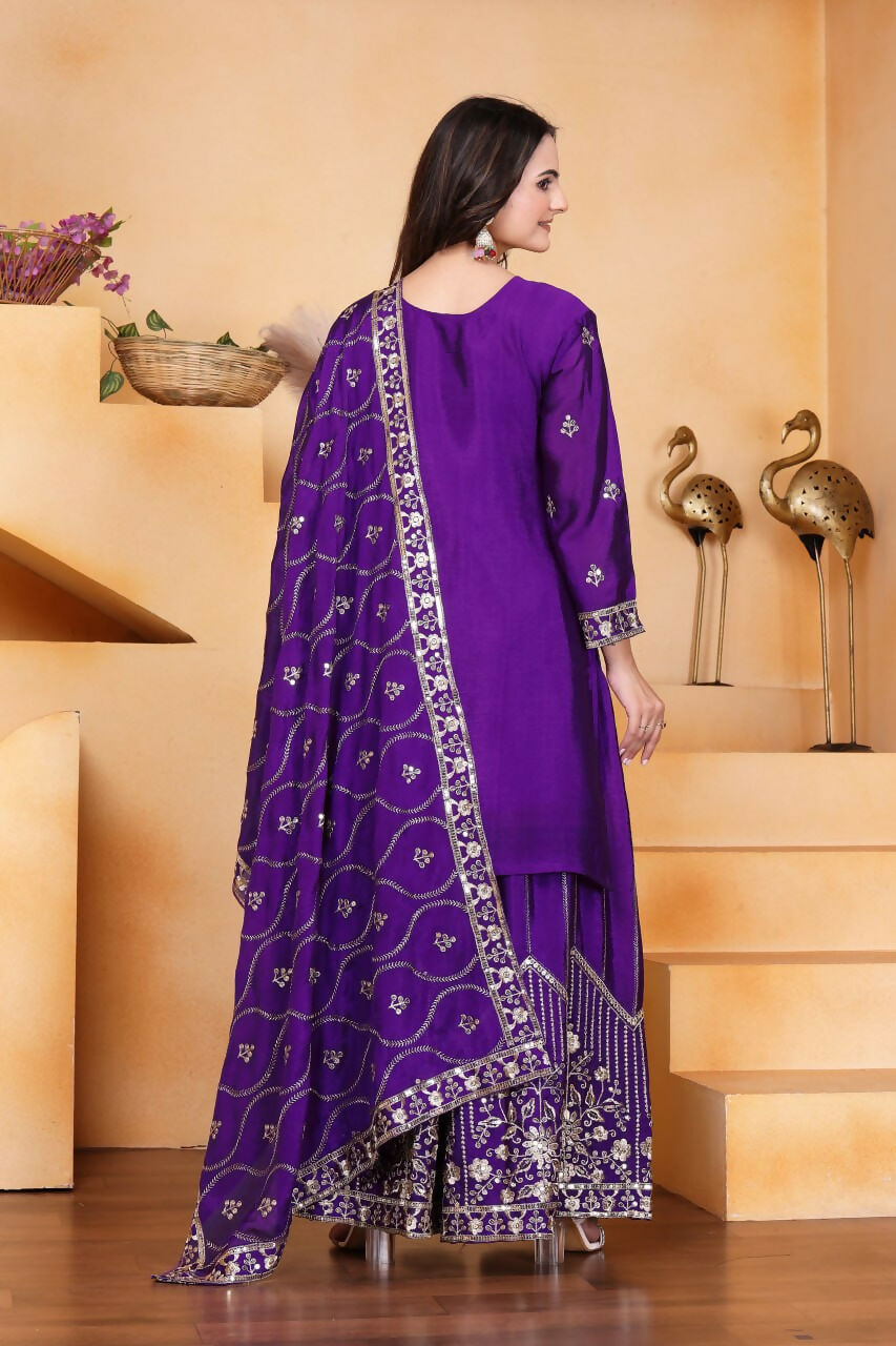 Teeya Creation Purple Color Chinon Silk Embroidery Work Wedding Wear Palazzo Set
