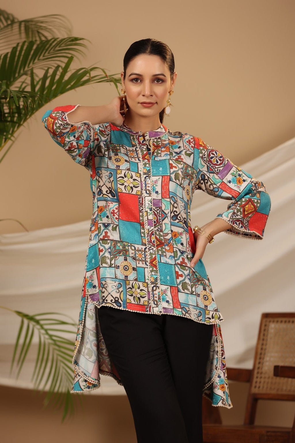 Juniper Multi Patchwork Printed Asymmetric Tunic