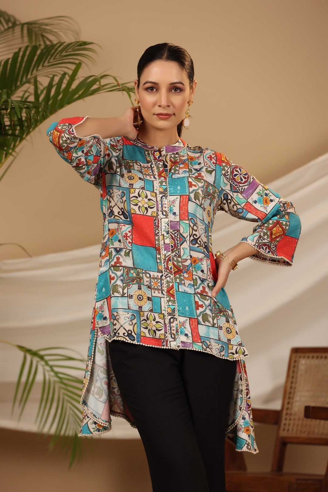 Juniper Multi Patchwork Printed Asymmetric Tunic