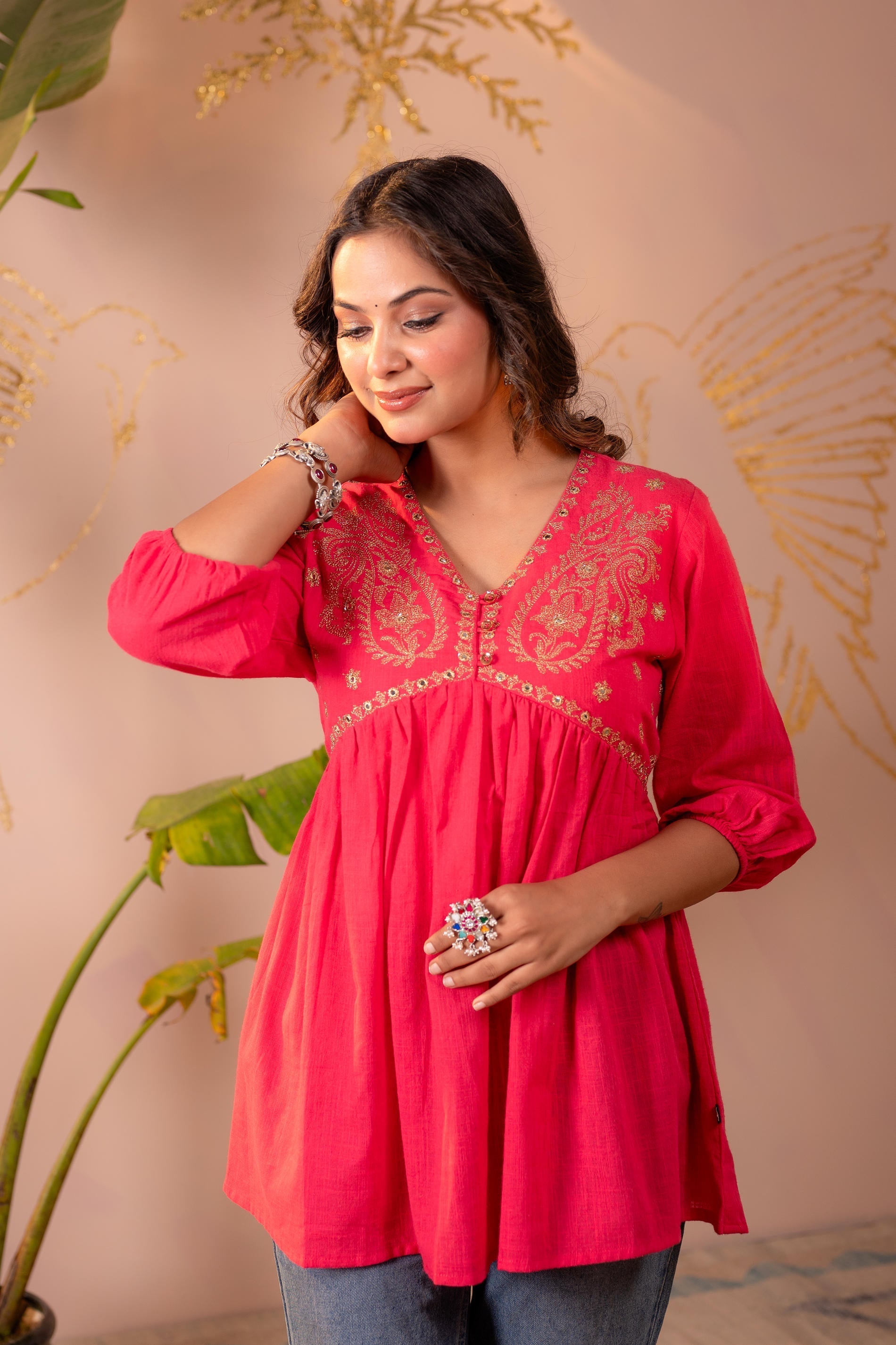 Juniper Fuchsia Embroidered Flared Kurti