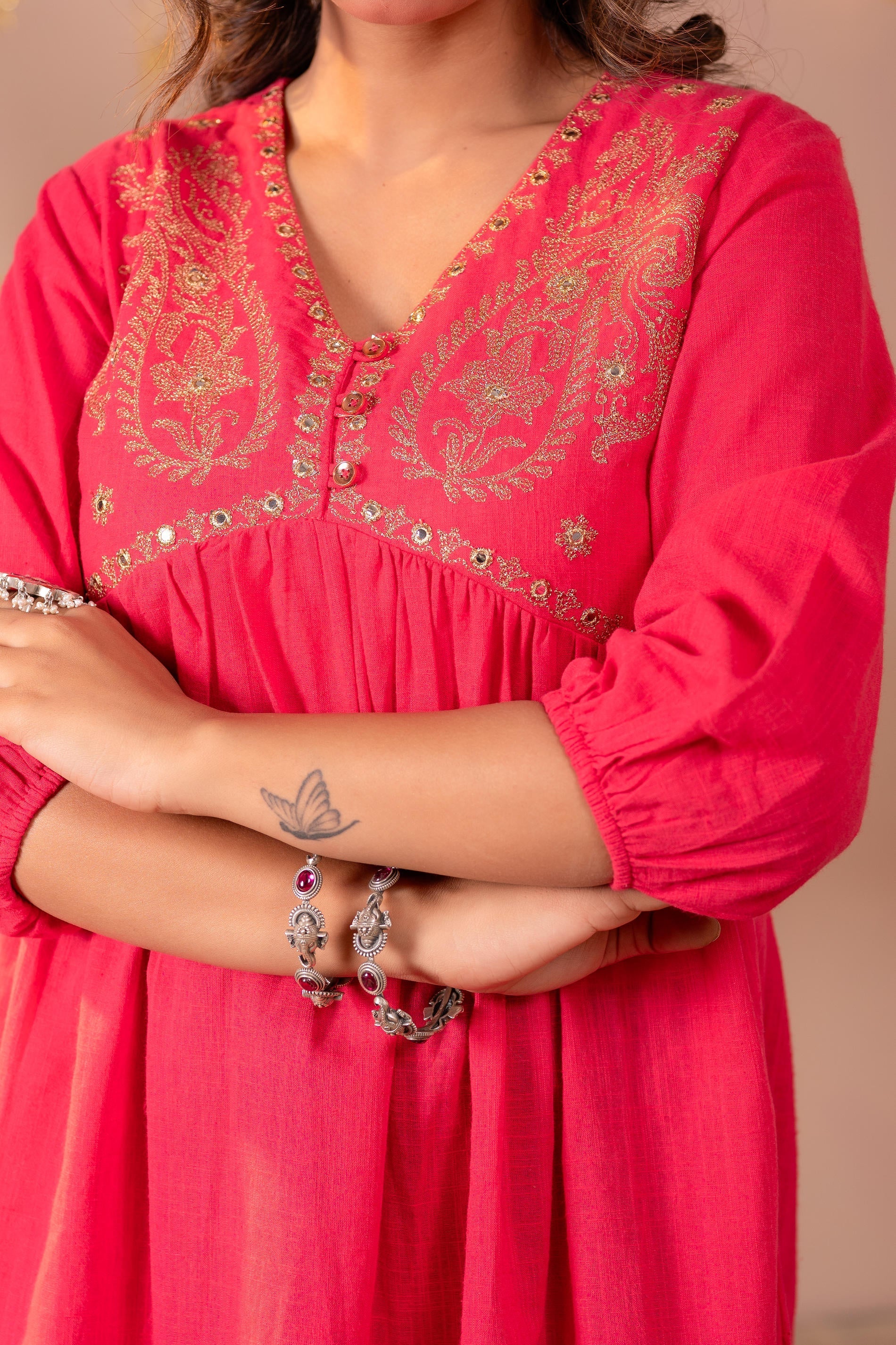 Juniper Fuchsia Embroidered Flared Kurti