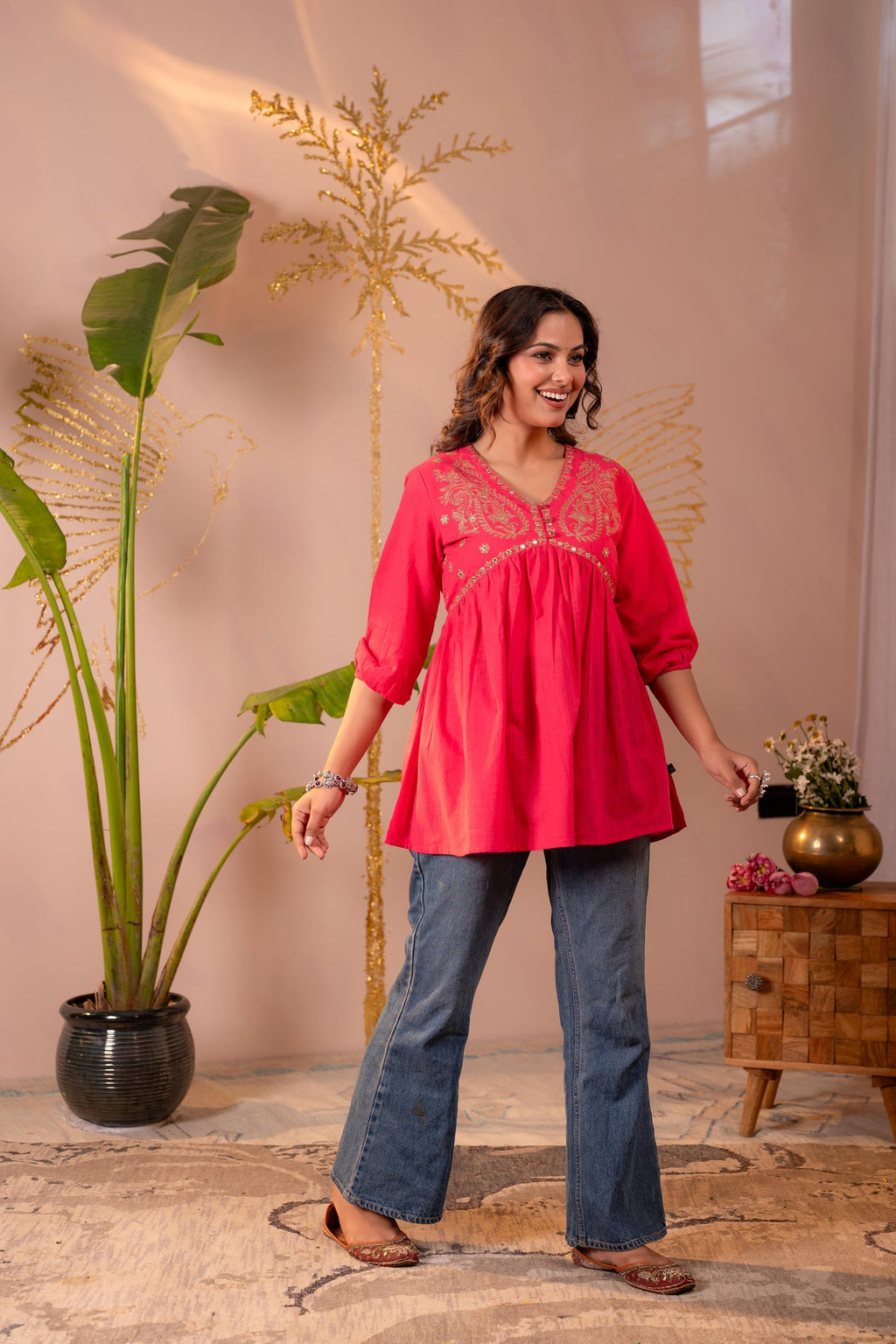 Juniper Fuchsia Embroidered Flared Kurti