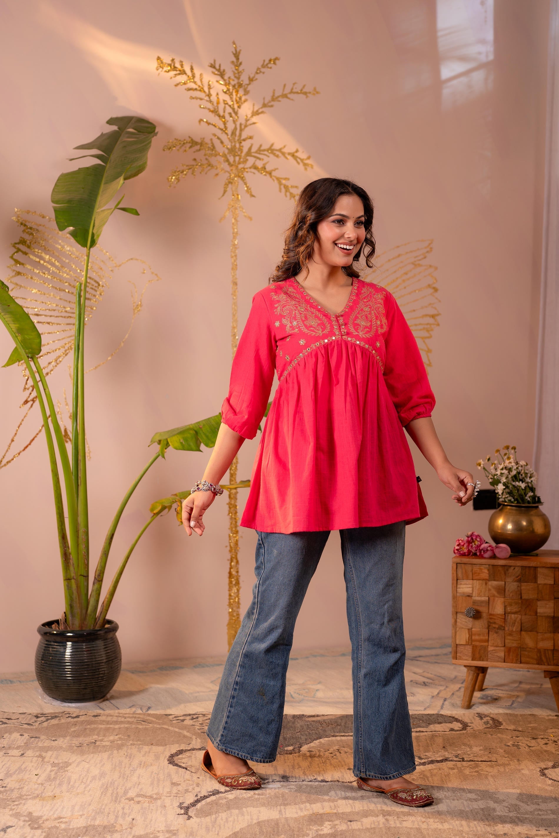 Juniper Fuchsia Embroidered Flared Kurti