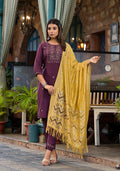Juniper Burgundy Zari Embroidered Chinon Kurta Pant And Dupatta Set With Zari Work & Beads