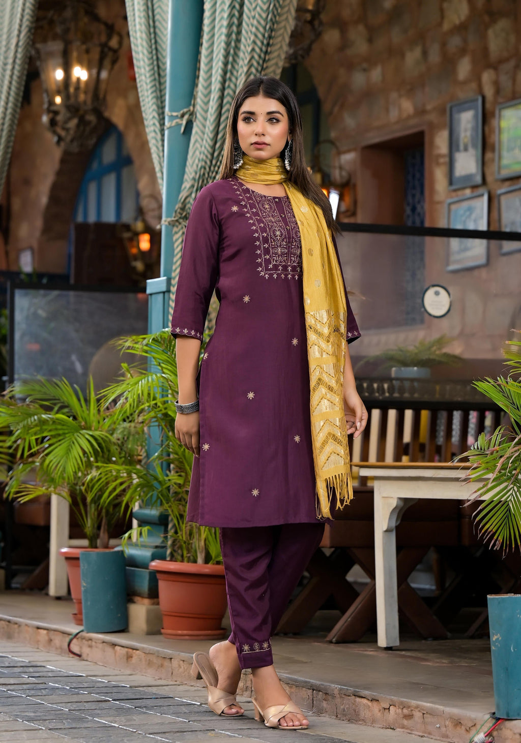Juniper Burgundy Zari Embroidered Chinon Kurta Pant And Dupatta Set With Zari Work & Beads